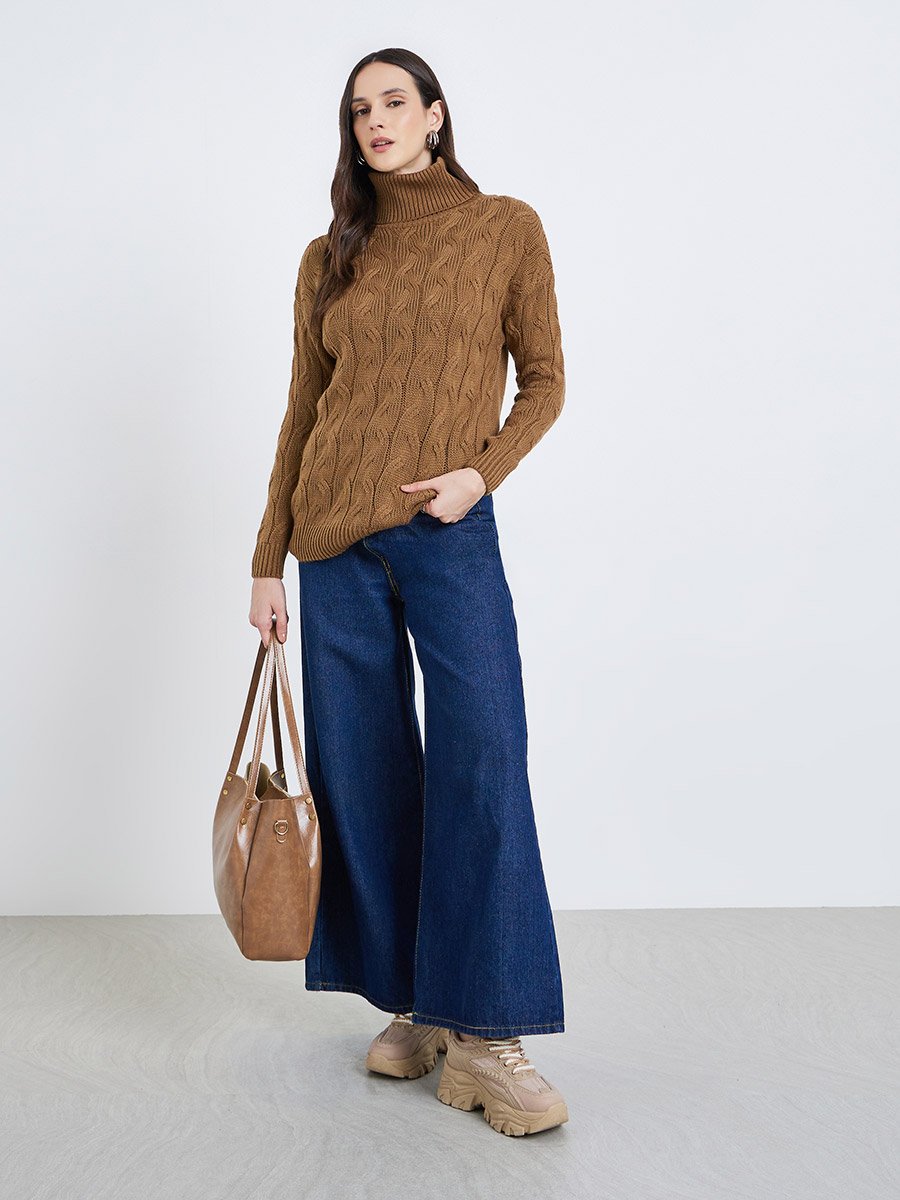 Tan Cable Knit Longline Sweater