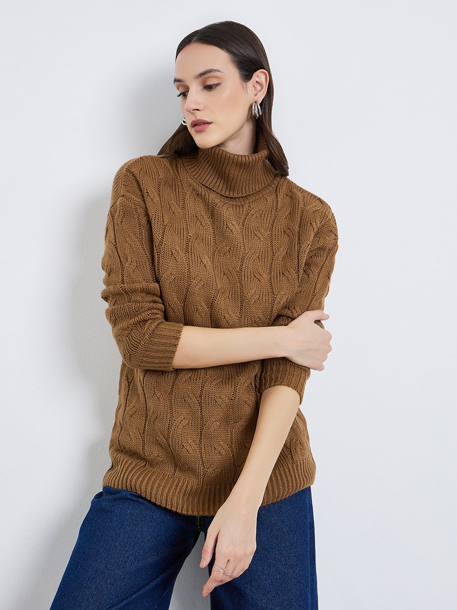 Tan Cable Knit Longline Sweater