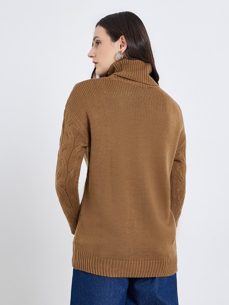 Tan Cable Knit Longline Sweater