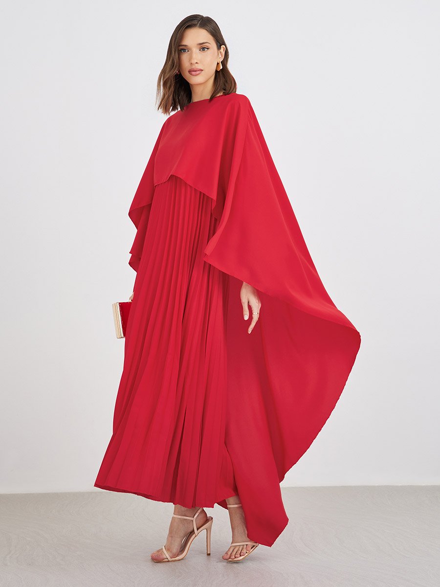 Solid Cape Sleeve Pleated Detail Maxi Dress