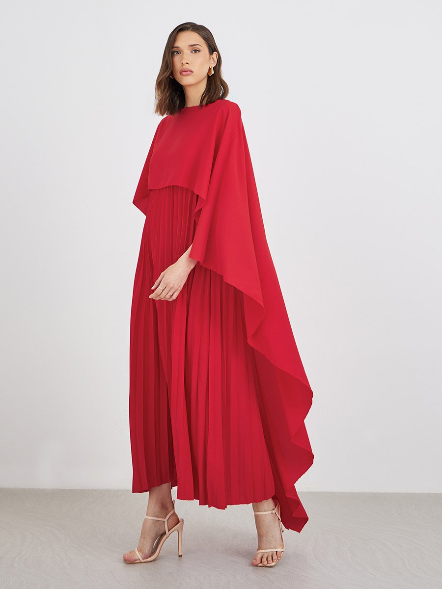 Solid Cape Sleeve Pleated Detail Maxi Dress