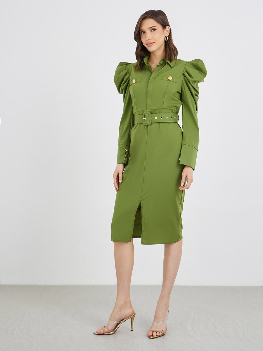 Solid Puff Sleeve Buttoned Belted Knee Length Dress