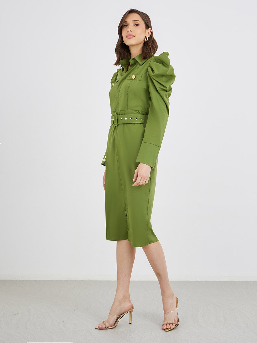 Solid Puff Sleeve Buttoned Belted Knee Length Dress