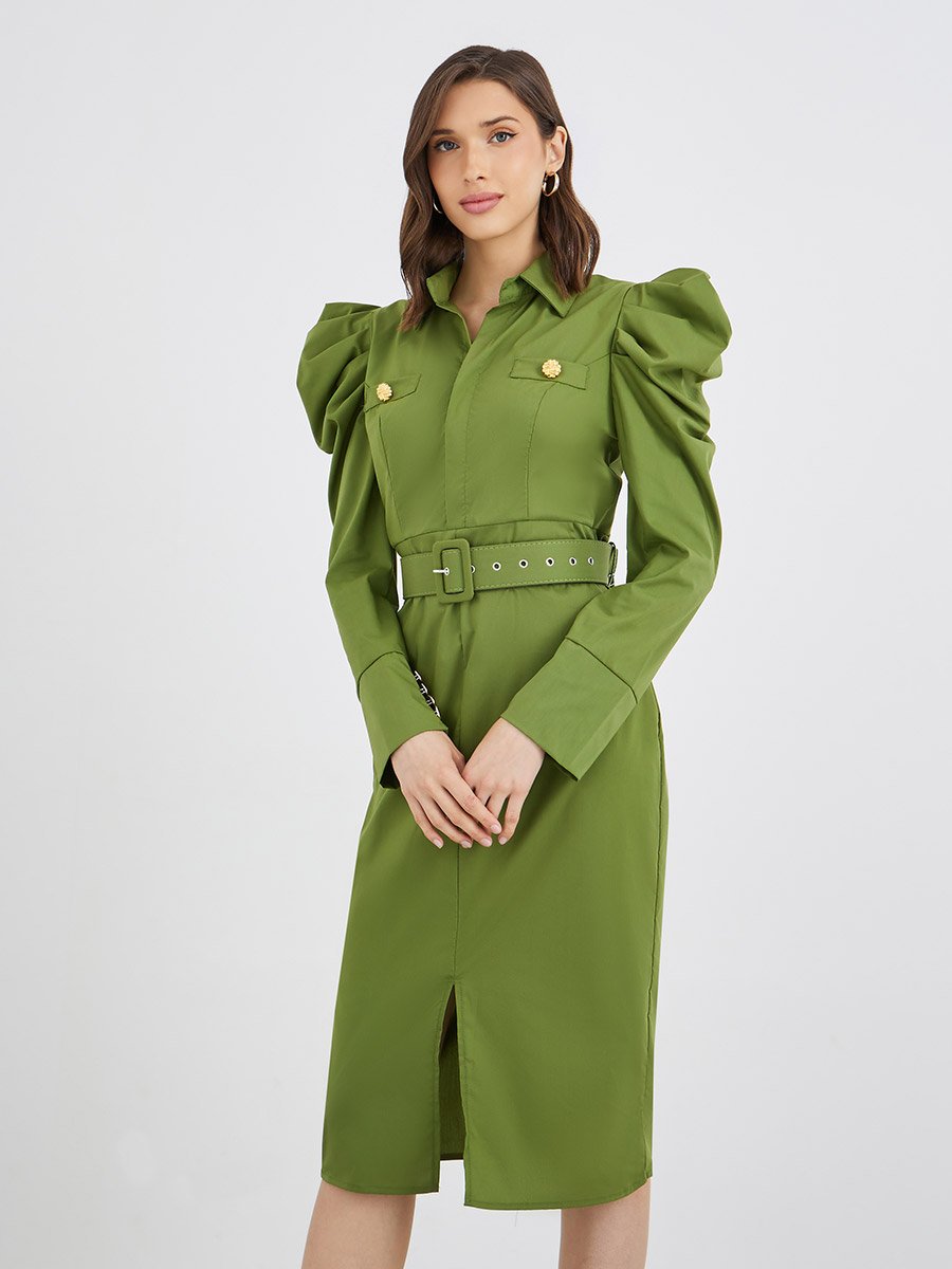 Solid Puff Sleeve Buttoned Belted Knee Length Dress