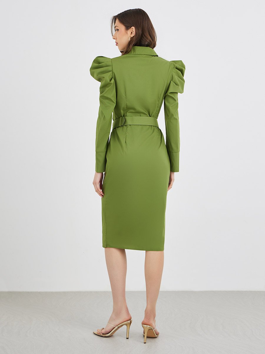 Solid Puff Sleeve Buttoned Belted Knee Length Dress