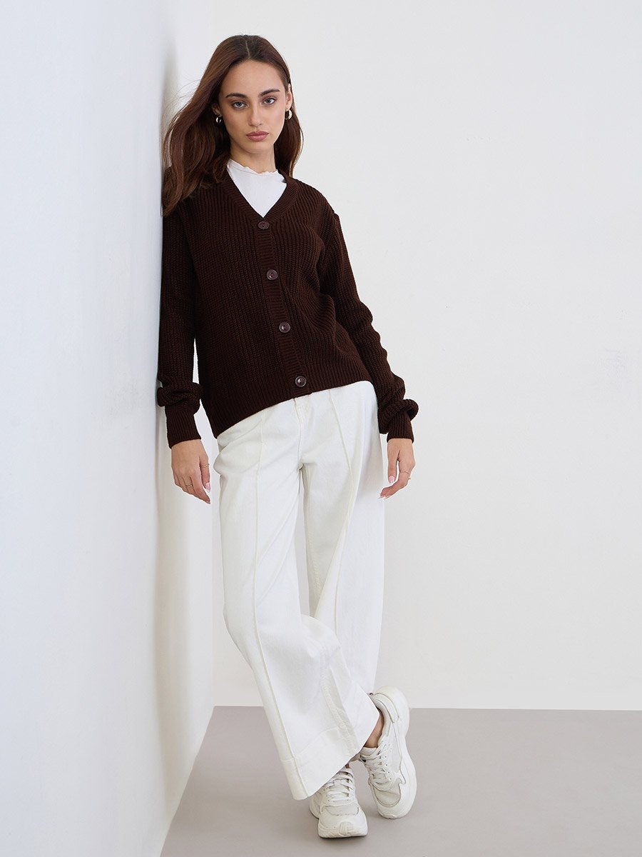 Brown Regular Fit Button Down Chunky Knit Cardigan