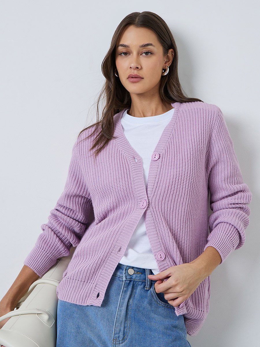 Lilac Regular Fit Button Down Chunky Knit Cardigan