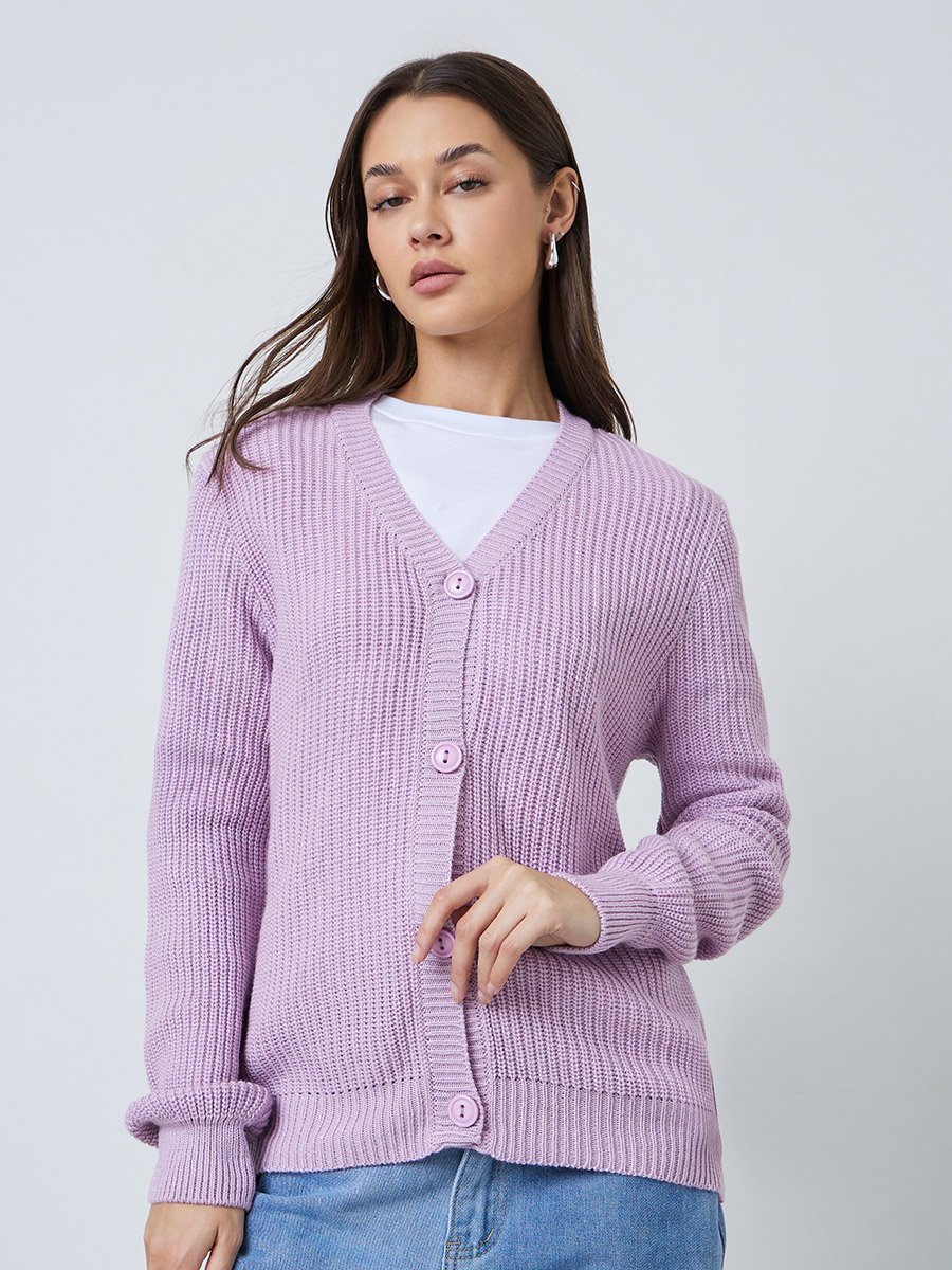 Lilac Regular Fit Button Down Chunky Knit Cardigan