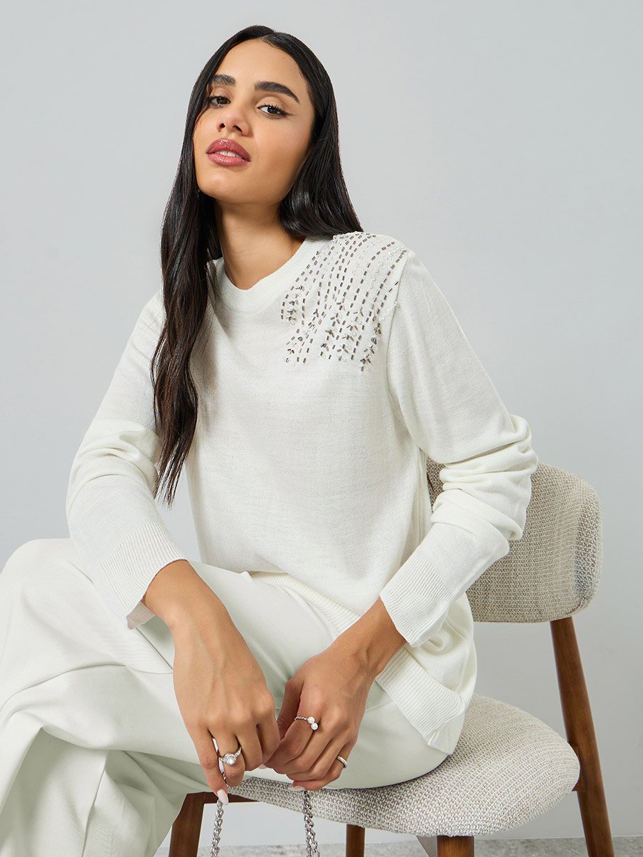 Off White Regular Fit Embellished Sweater