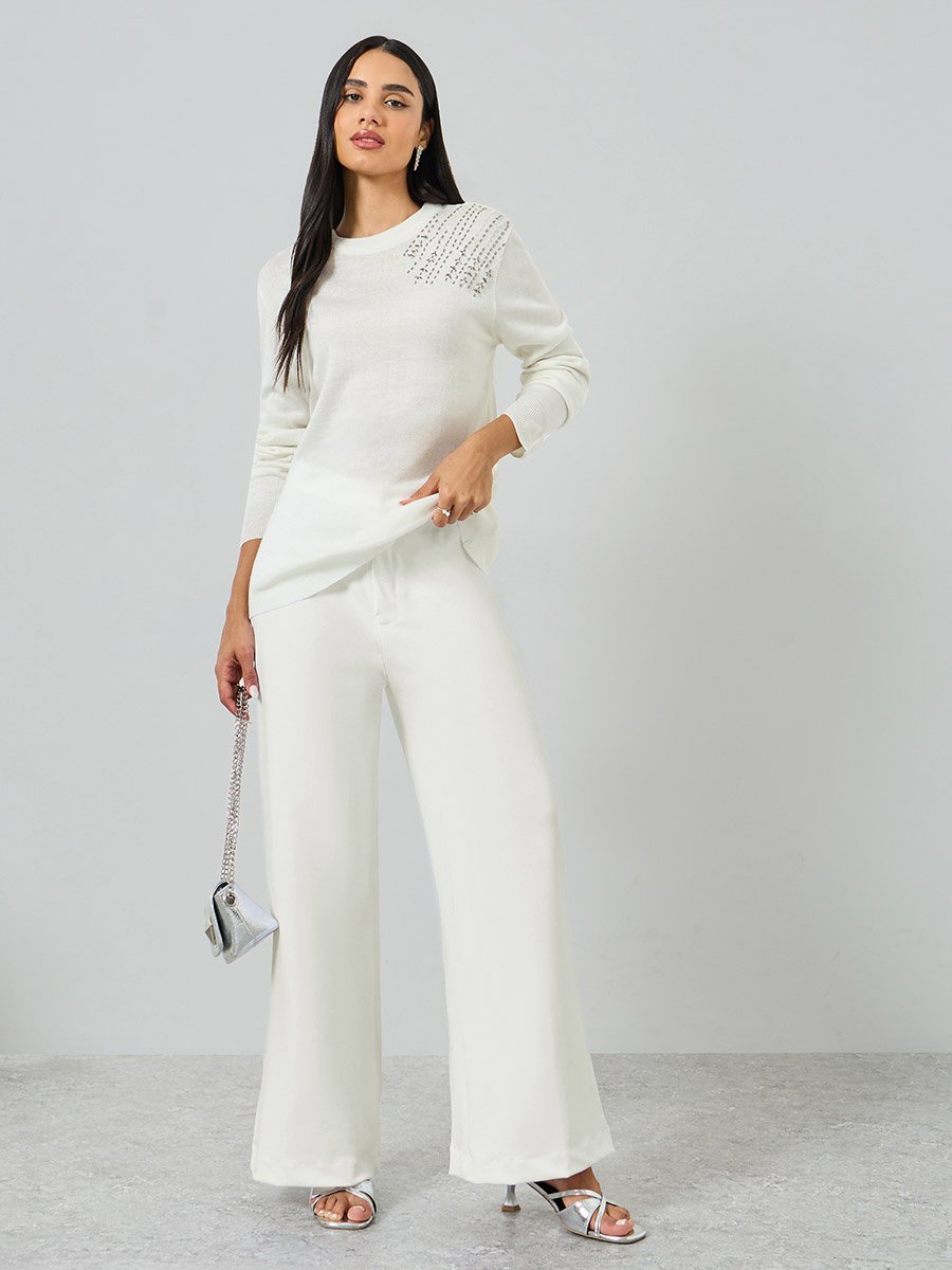Off White Regular Fit Embellished Sweater