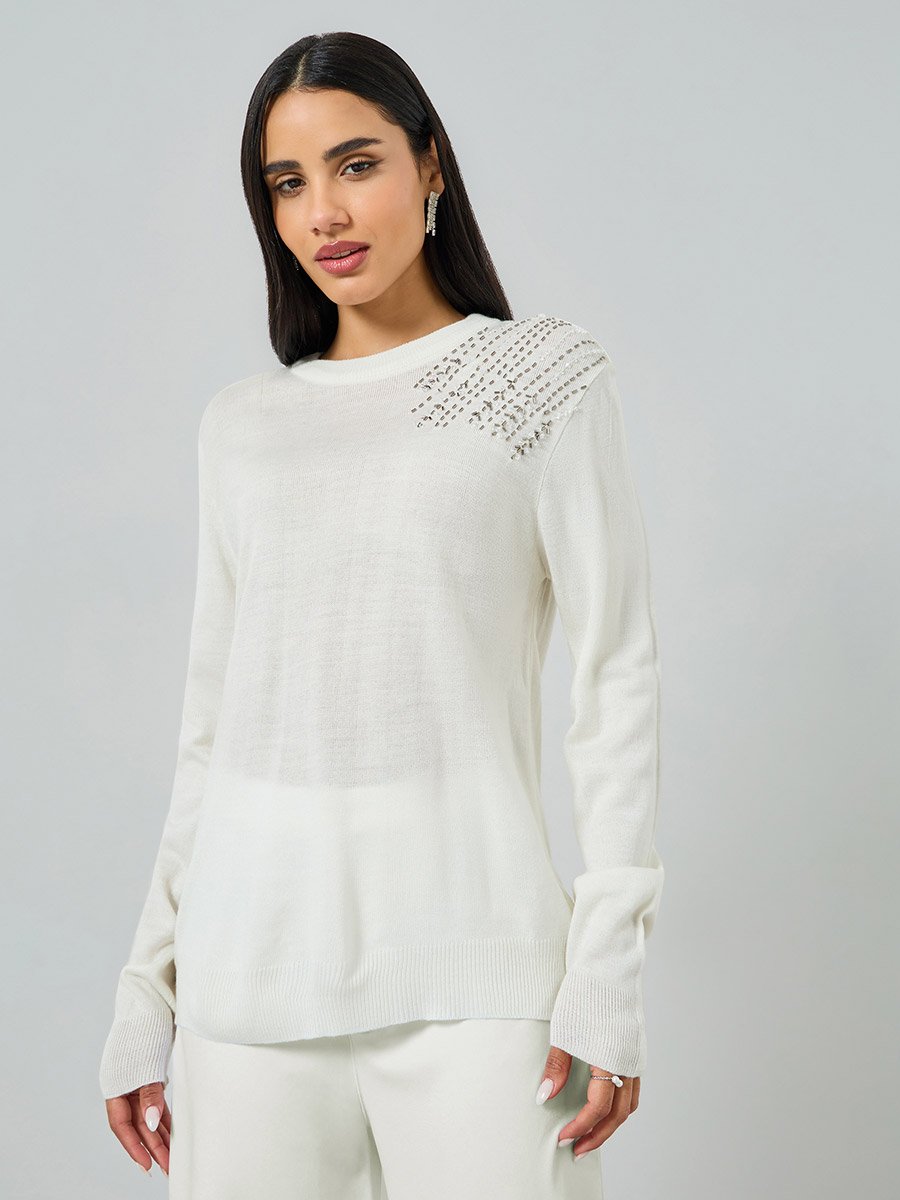 Off White Regular Fit Embellished Sweater