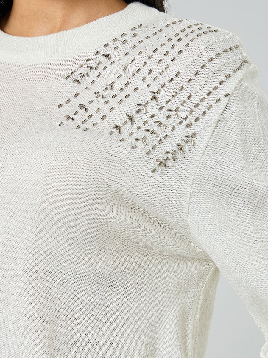 Off White Regular Fit Embellished Sweater