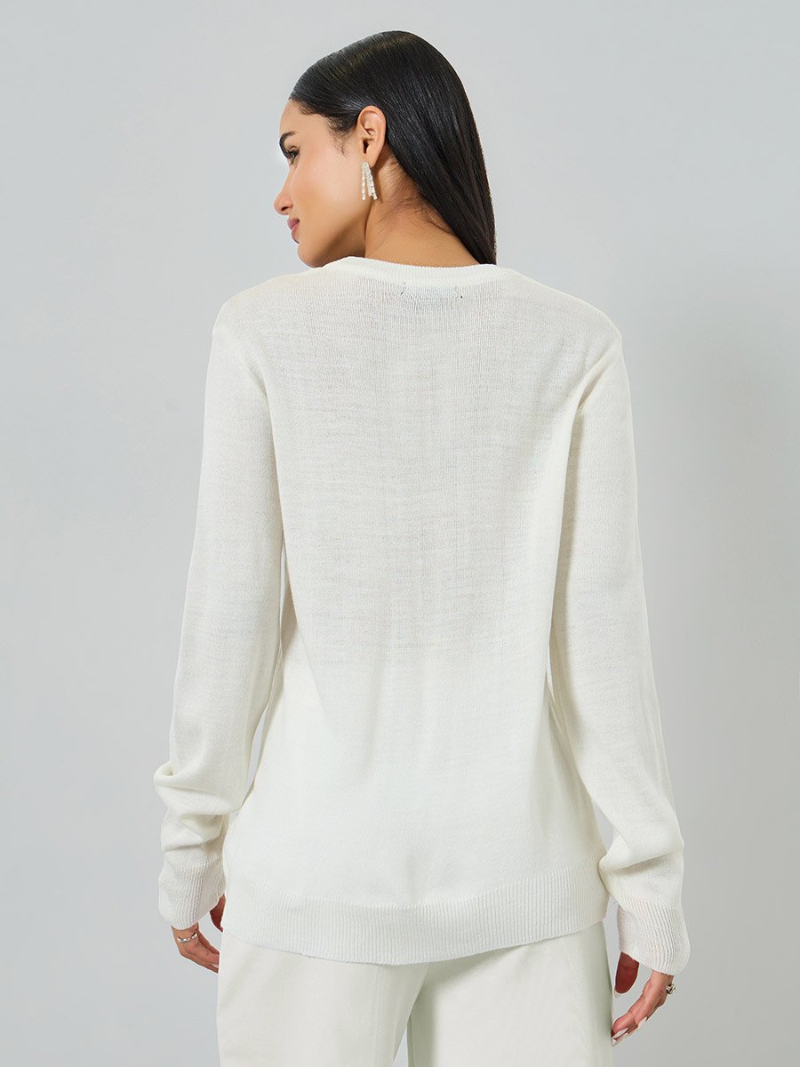 Off White Regular Fit Embellished Sweater
