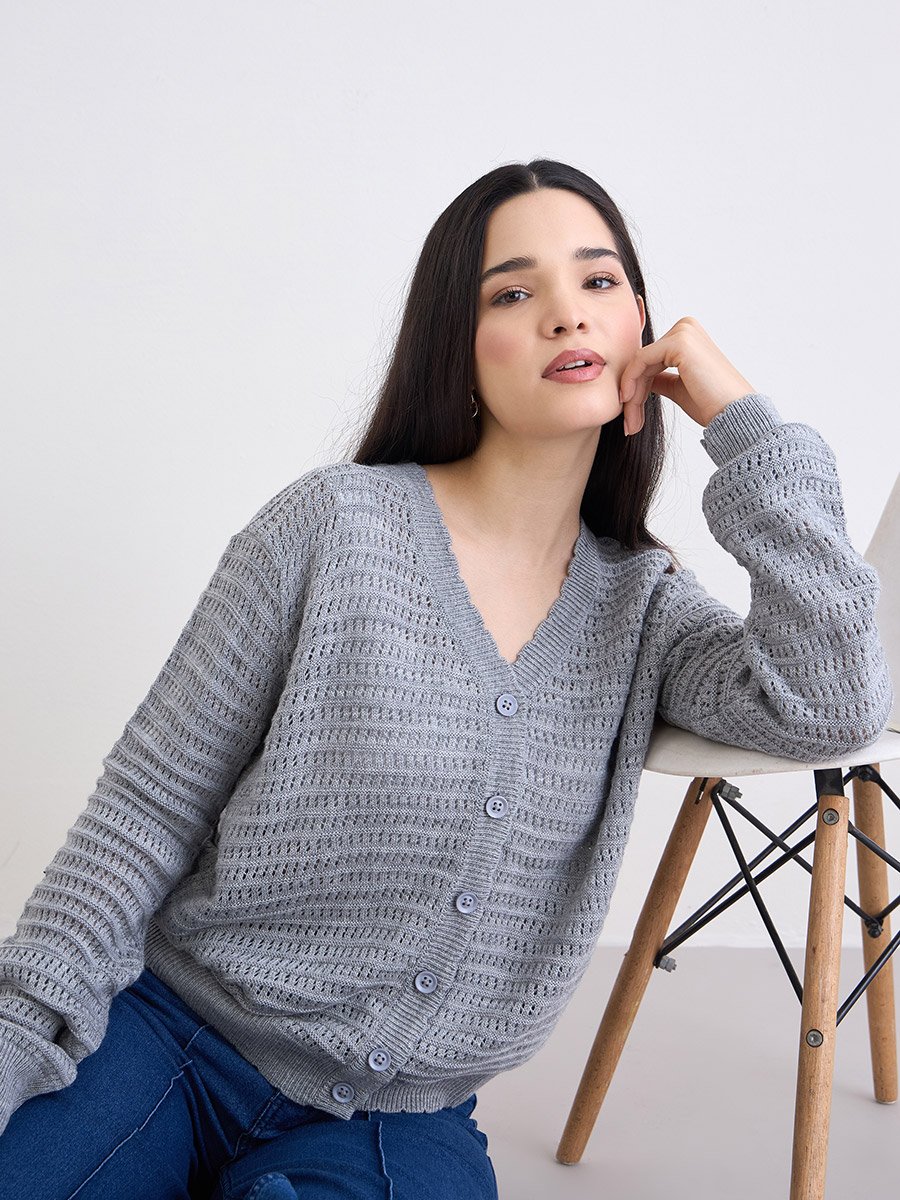 Grey Textured Regular Fit Regular Length Buttoned Cardigan