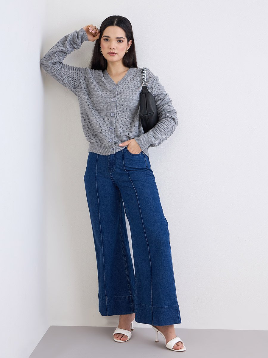 Grey Textured Regular Fit Regular Length Buttoned Cardigan
