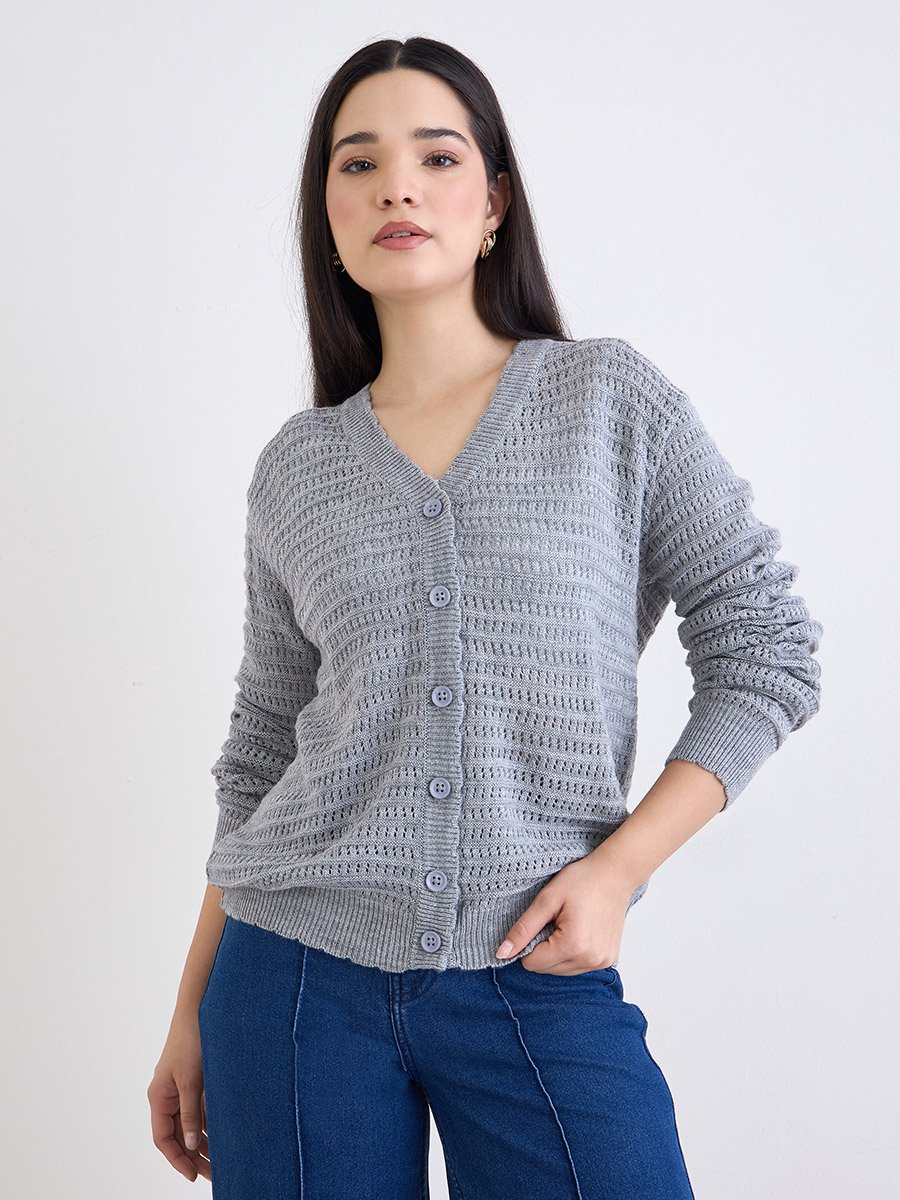 Grey Textured Regular Fit Regular Length Buttoned Cardigan