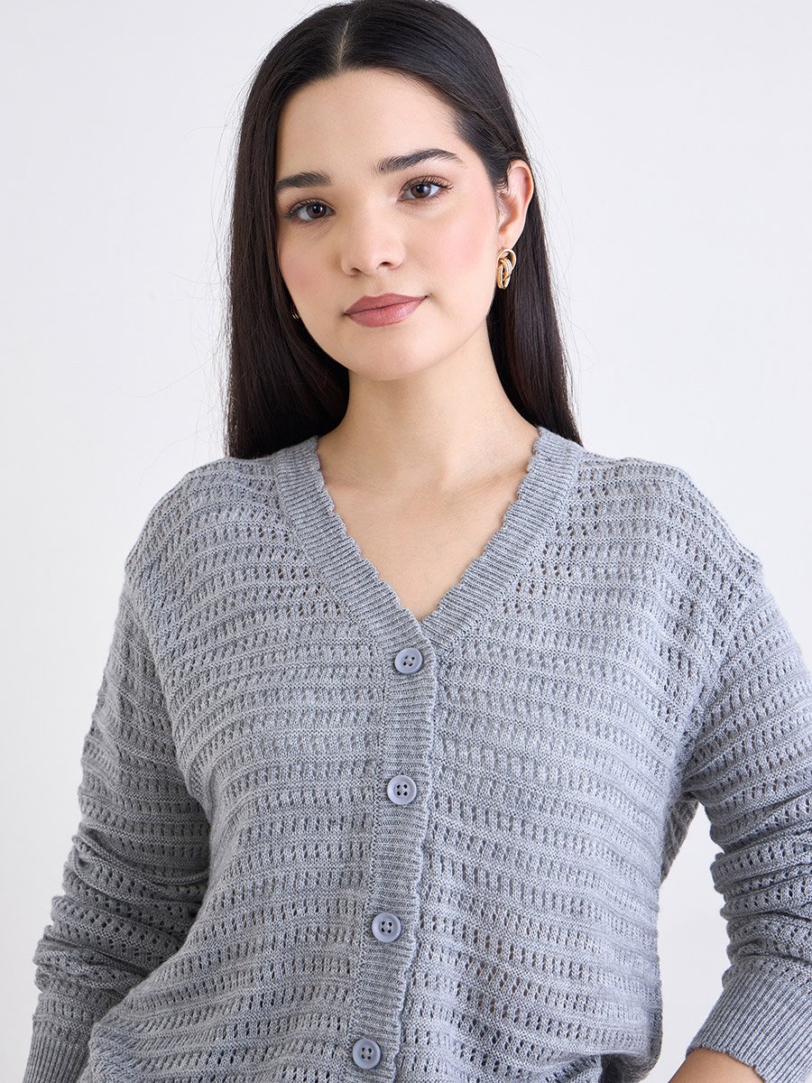 Grey Textured Regular Fit Regular Length Buttoned Cardigan