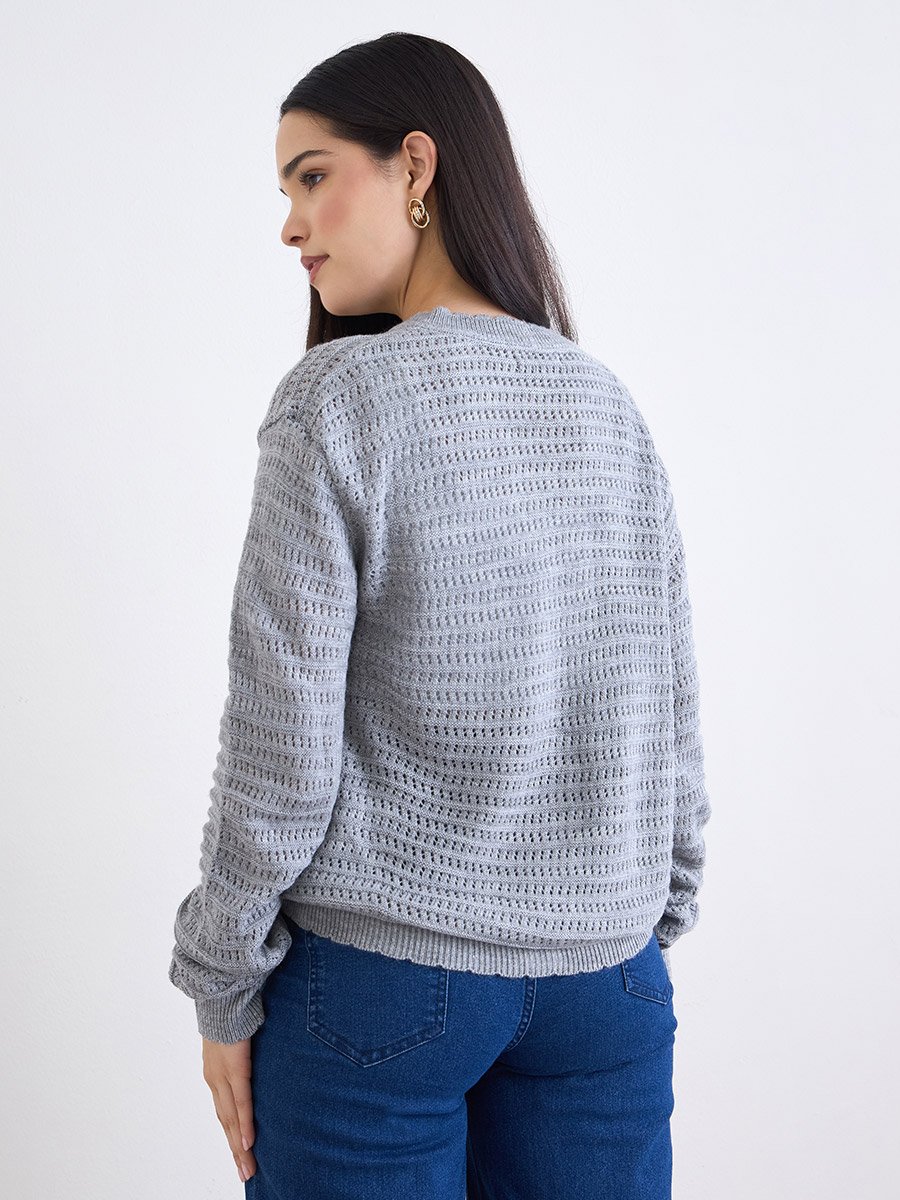 Grey Textured Regular Fit Regular Length Buttoned Cardigan