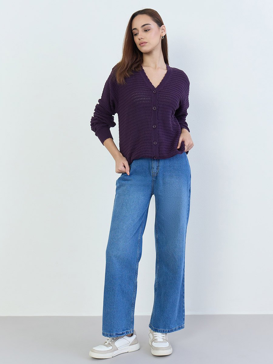 Purple Textured Regular Fit Regular Length Buttoned Cardigan