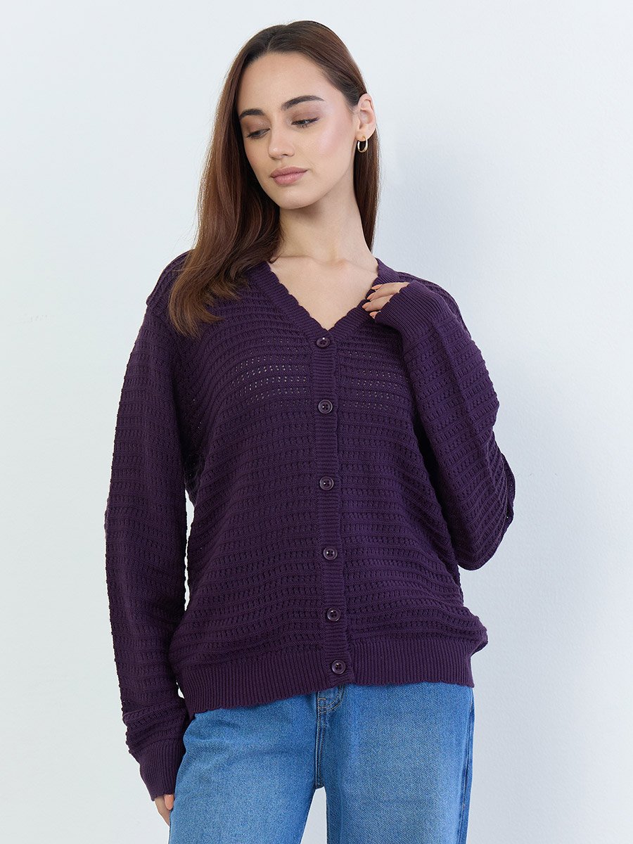 Purple Textured Regular Fit Regular Length Buttoned Cardigan