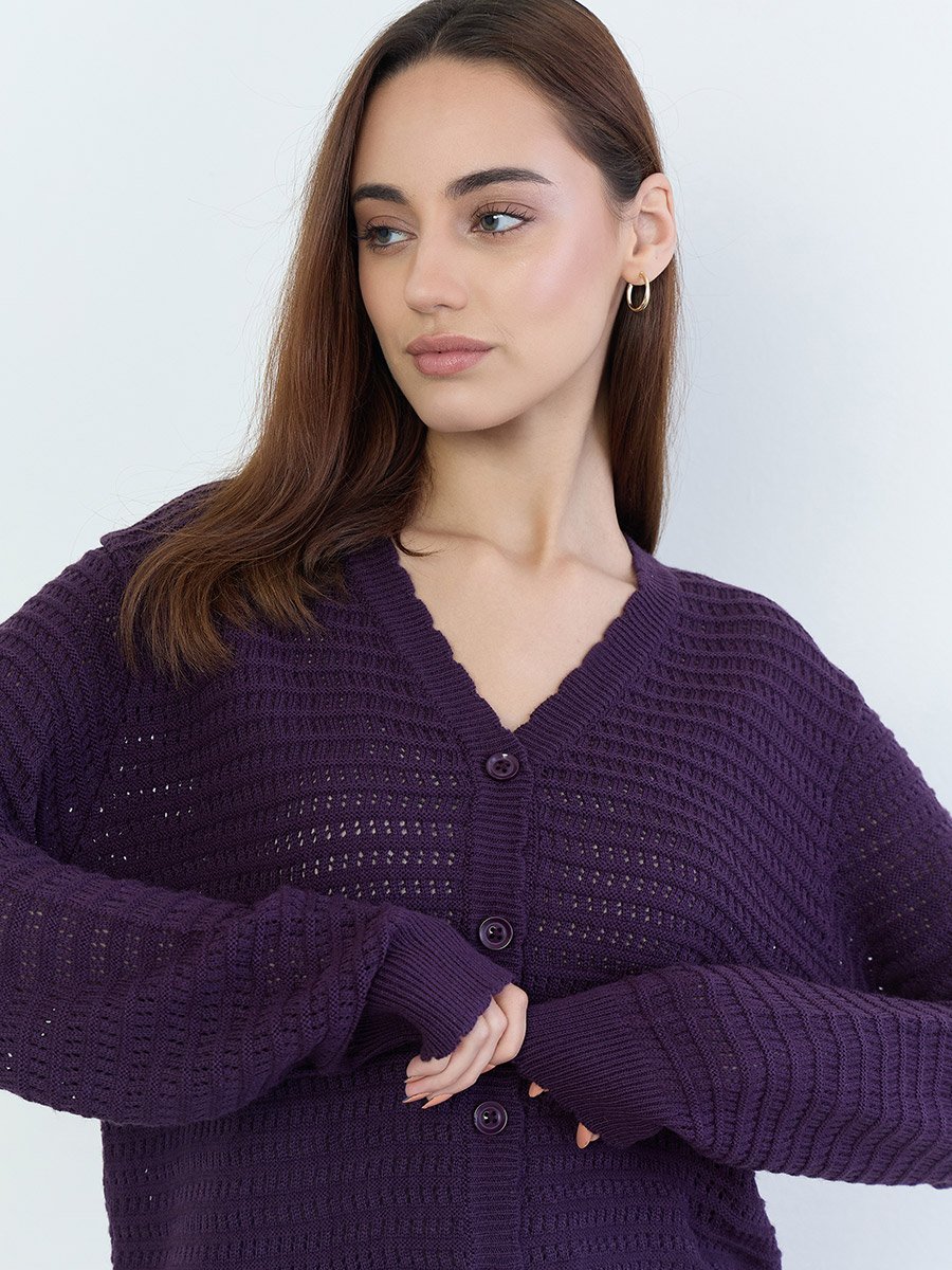 Purple Textured Regular Fit Regular Length Buttoned Cardigan