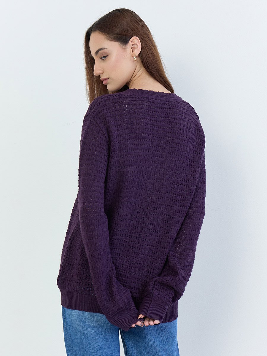 Purple Textured Regular Fit Regular Length Buttoned Cardigan