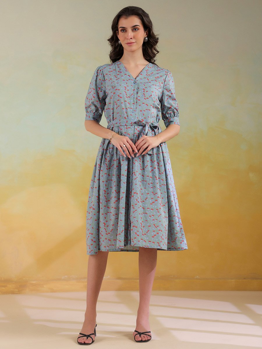 Women Floral Printed Puff Sleeves A-Line Knee-Length Dress