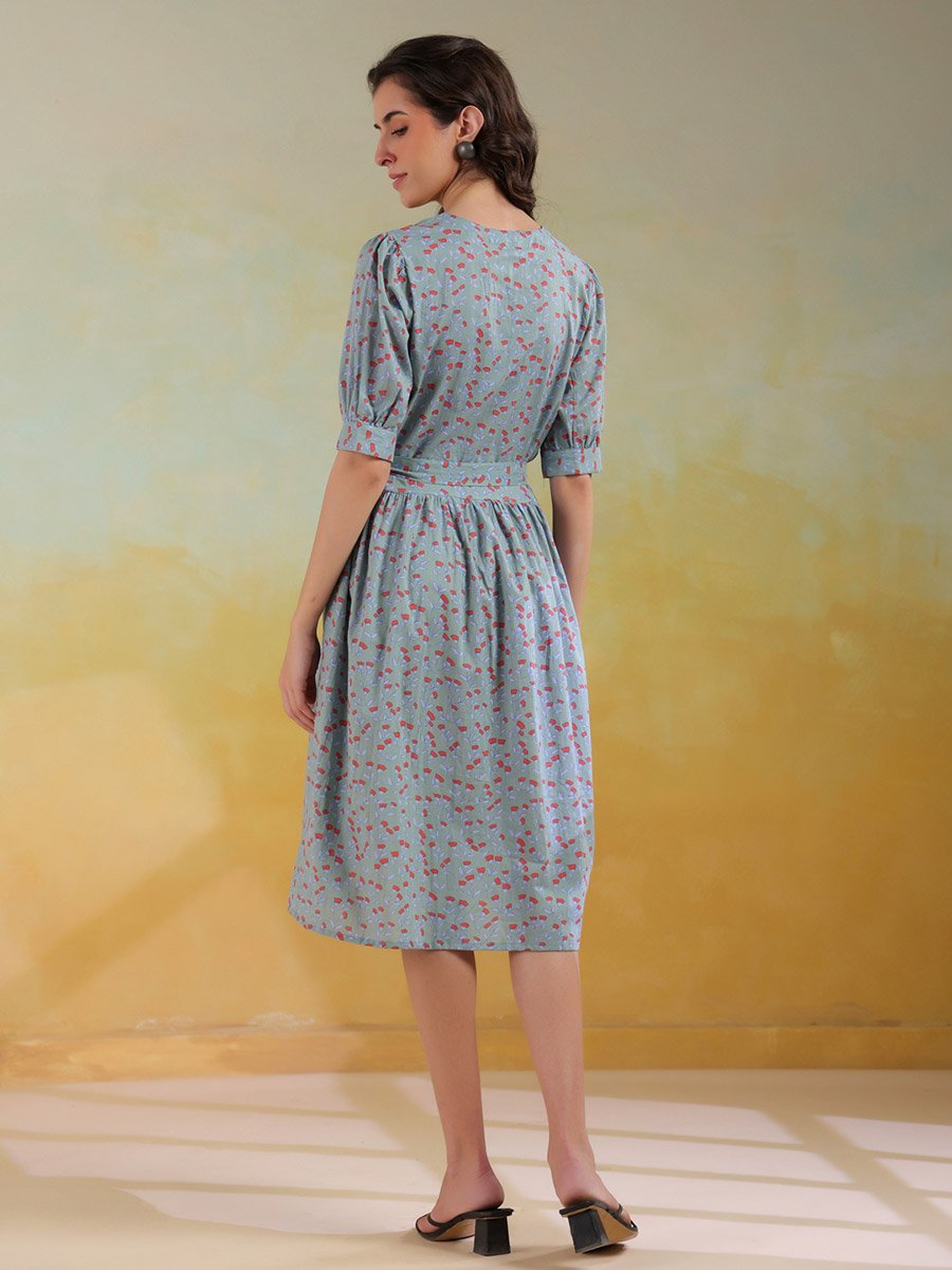 Women Floral Printed Puff Sleeves A-Line Knee-Length Dress