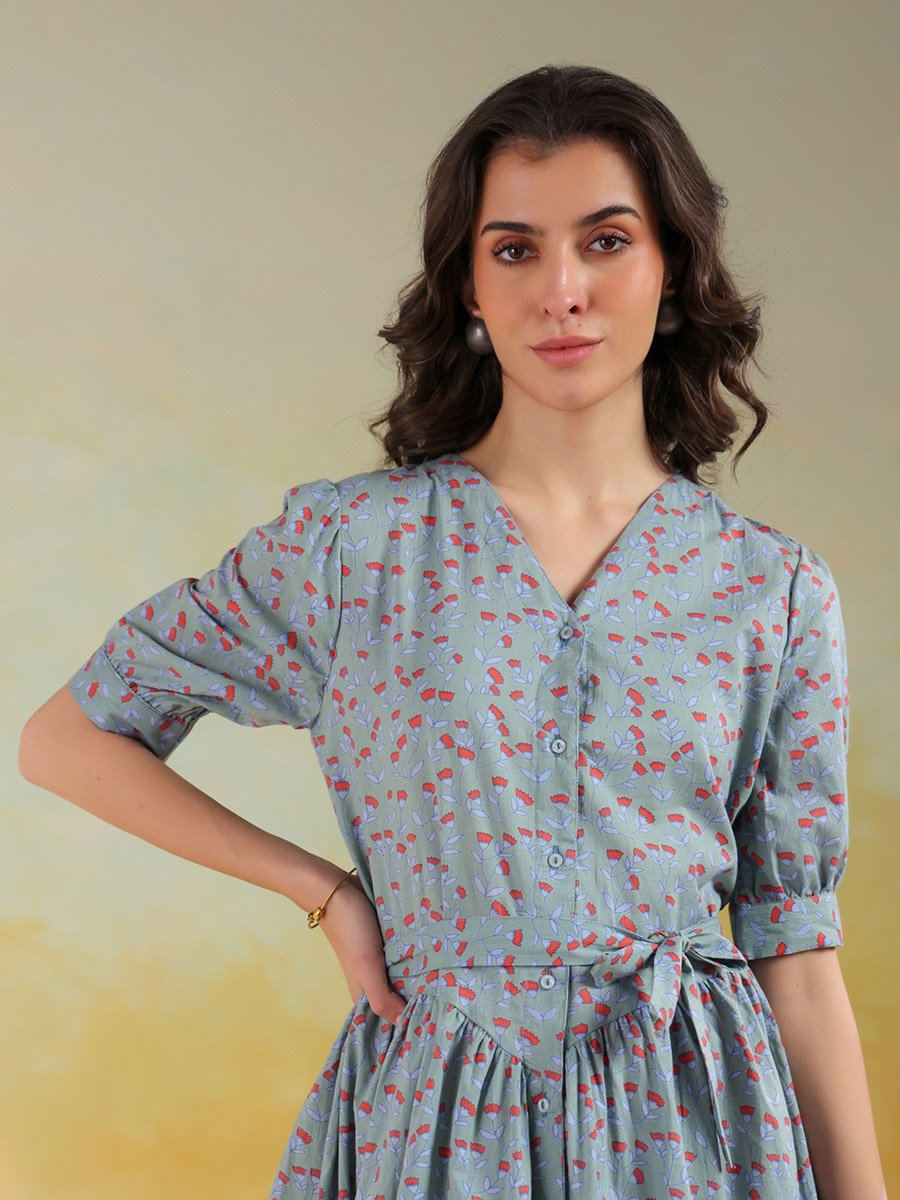 Women Floral Printed Puff Sleeves A-Line Knee-Length Dress