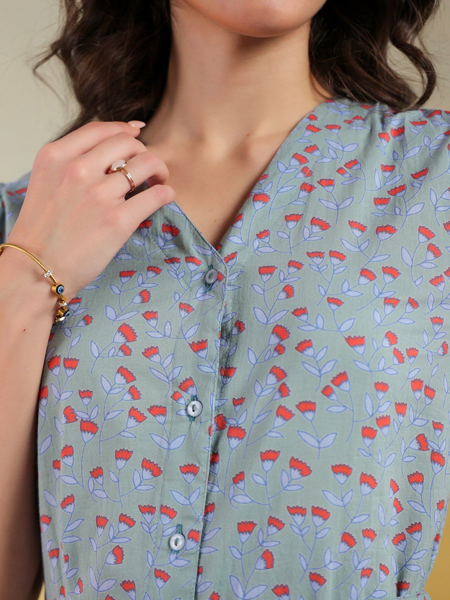Women Floral Printed Puff Sleeves A-Line Knee-Length Dress