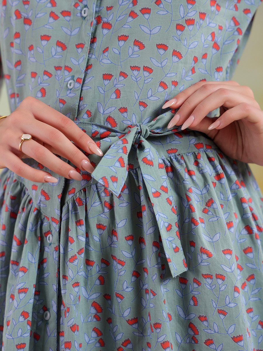 Women Floral Printed Puff Sleeves A-Line Knee-Length Dress