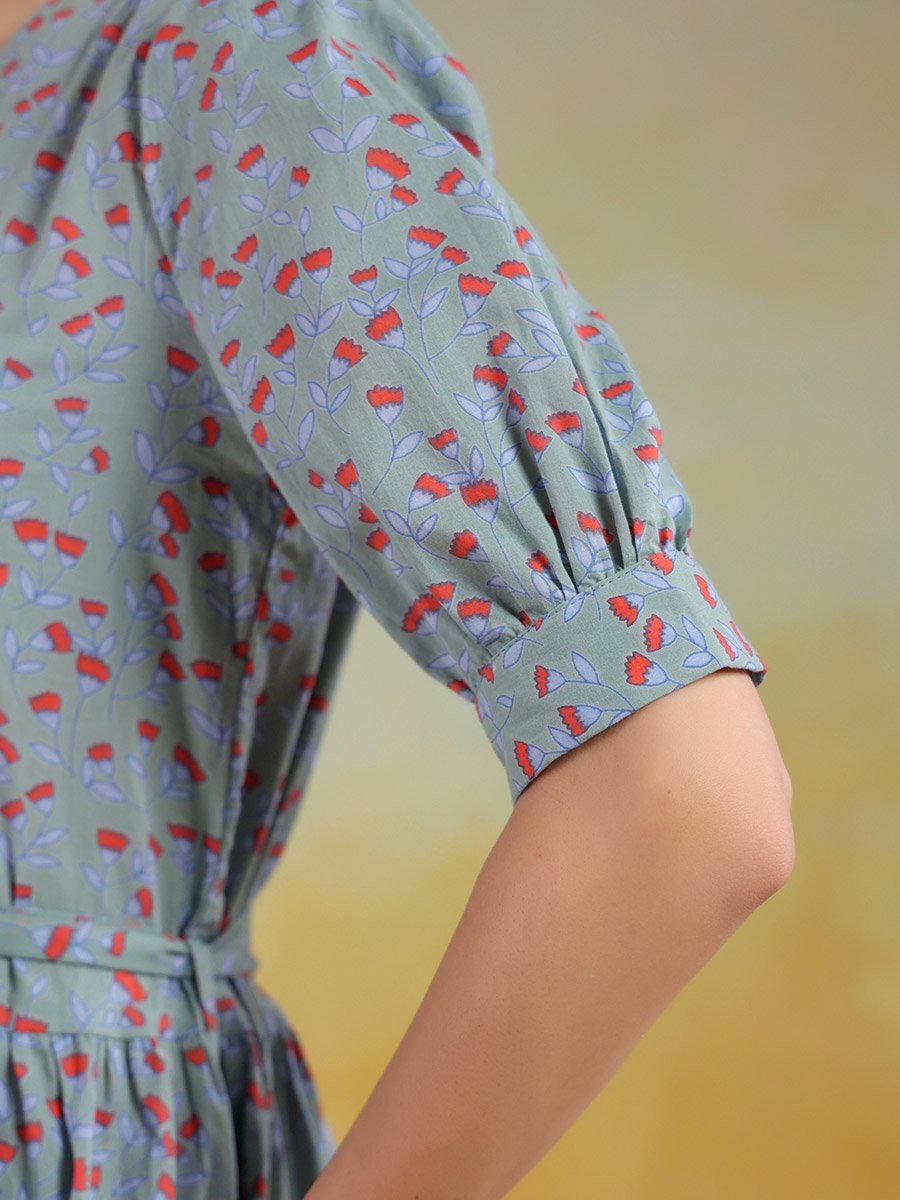Women Floral Printed Puff Sleeves A-Line Knee-Length Dress