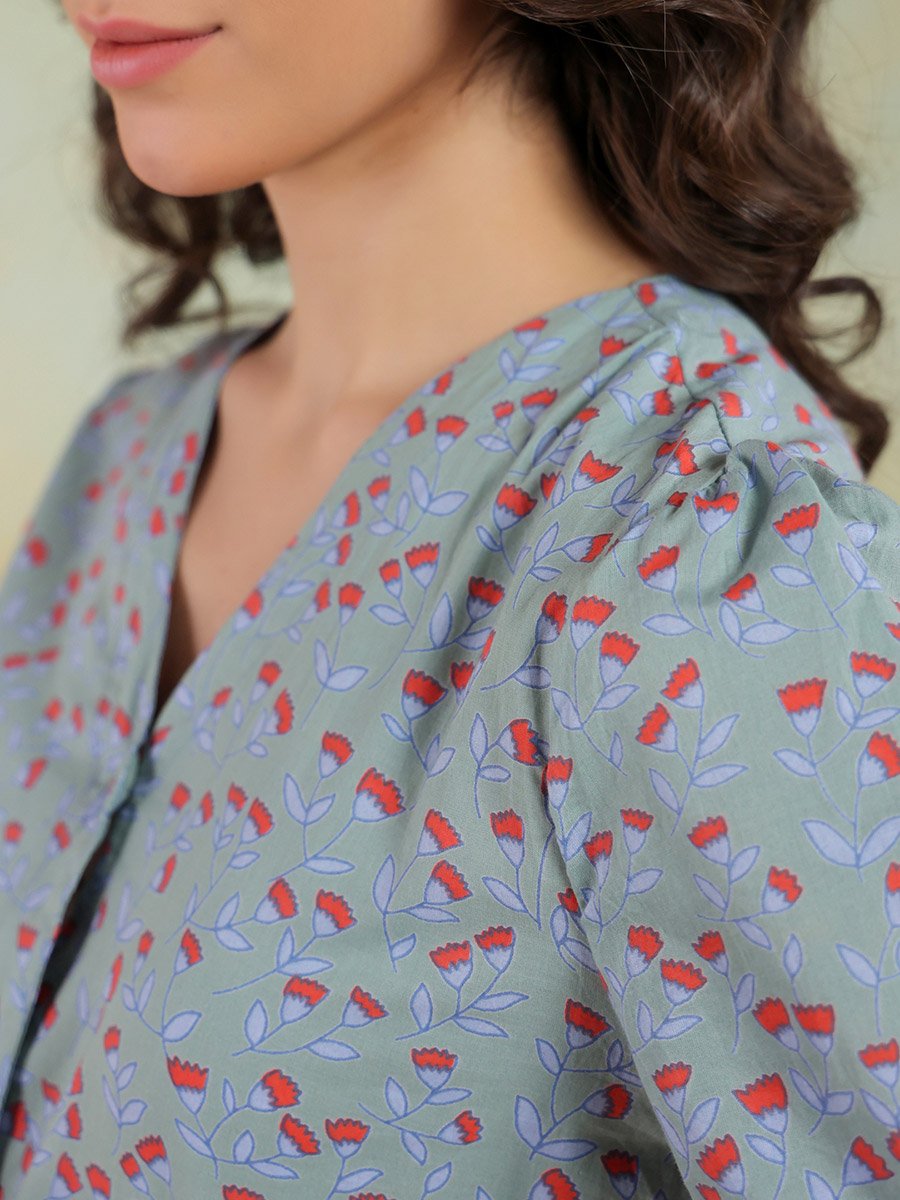 Women Floral Printed Puff Sleeves A-Line Knee-Length Dress