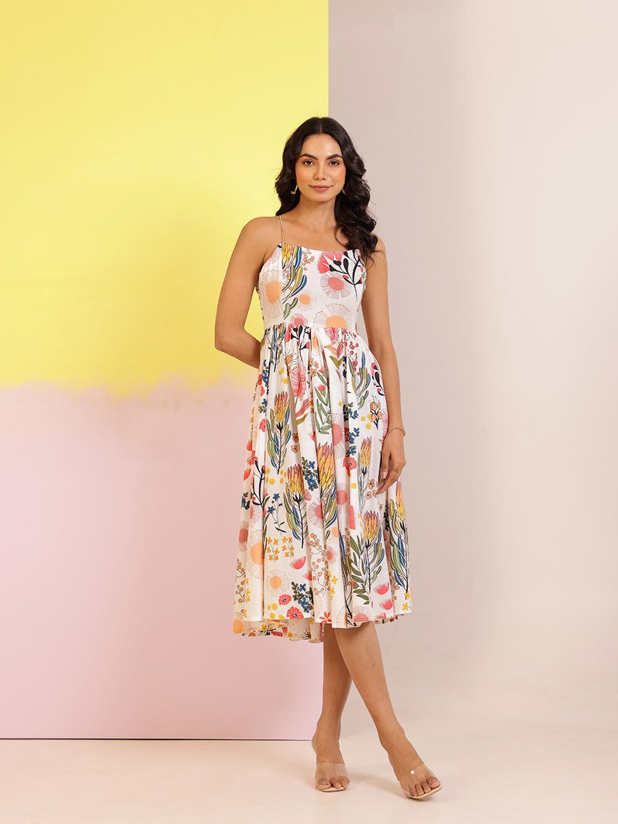 All-Over Floral Print Square Neck A-Line Knee-Length Dress