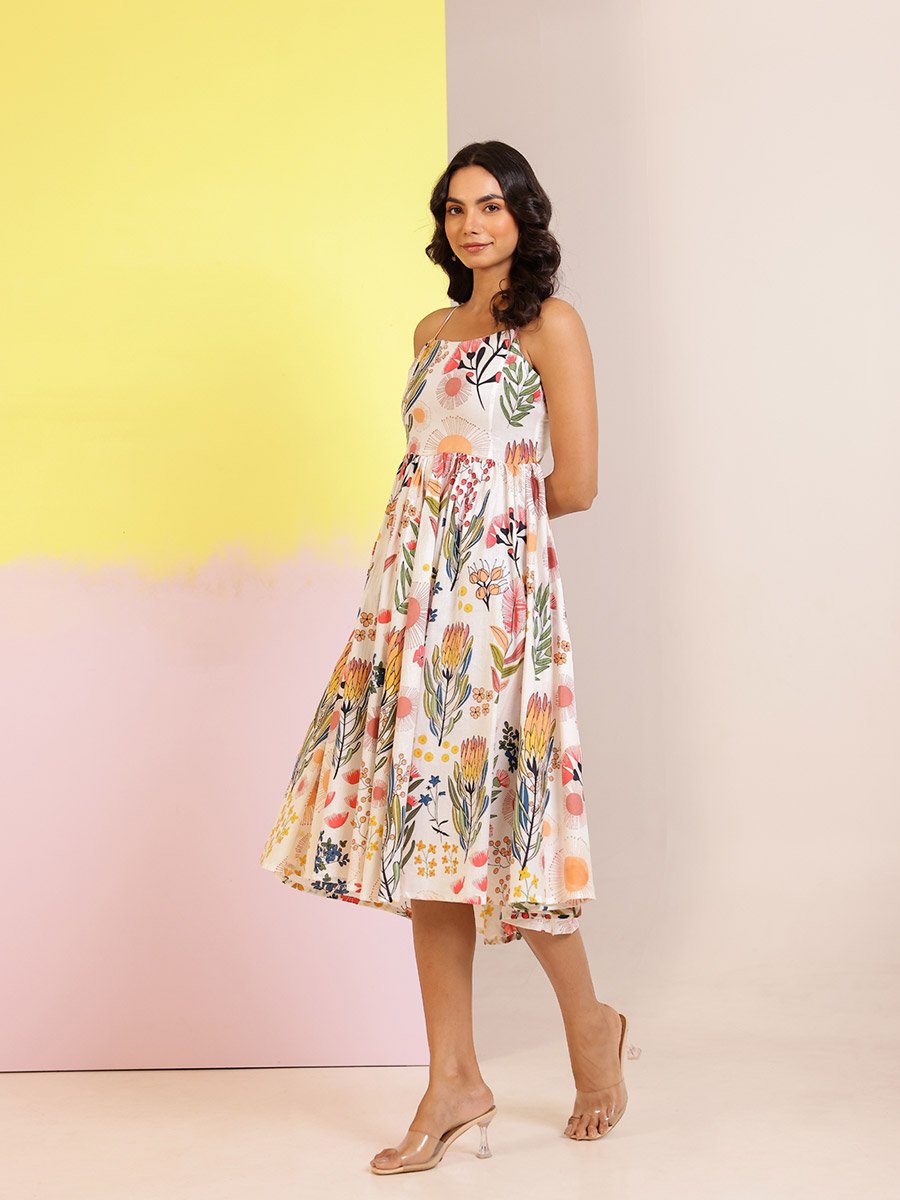 All-Over Floral Print Square Neck A-Line Knee-Length Dress