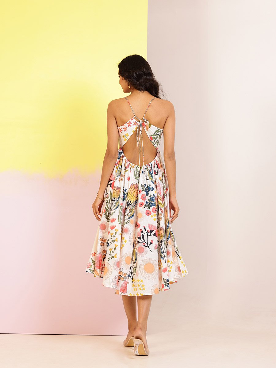 All-Over Floral Print Square Neck A-Line Knee-Length Dress