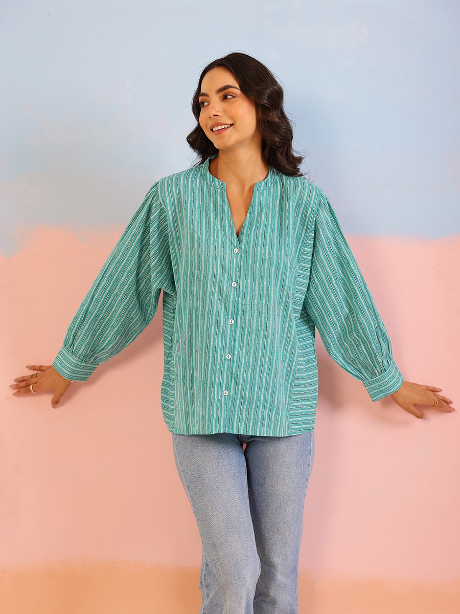 Women Striped Panelled Long Sleeve Cotton Shirt
