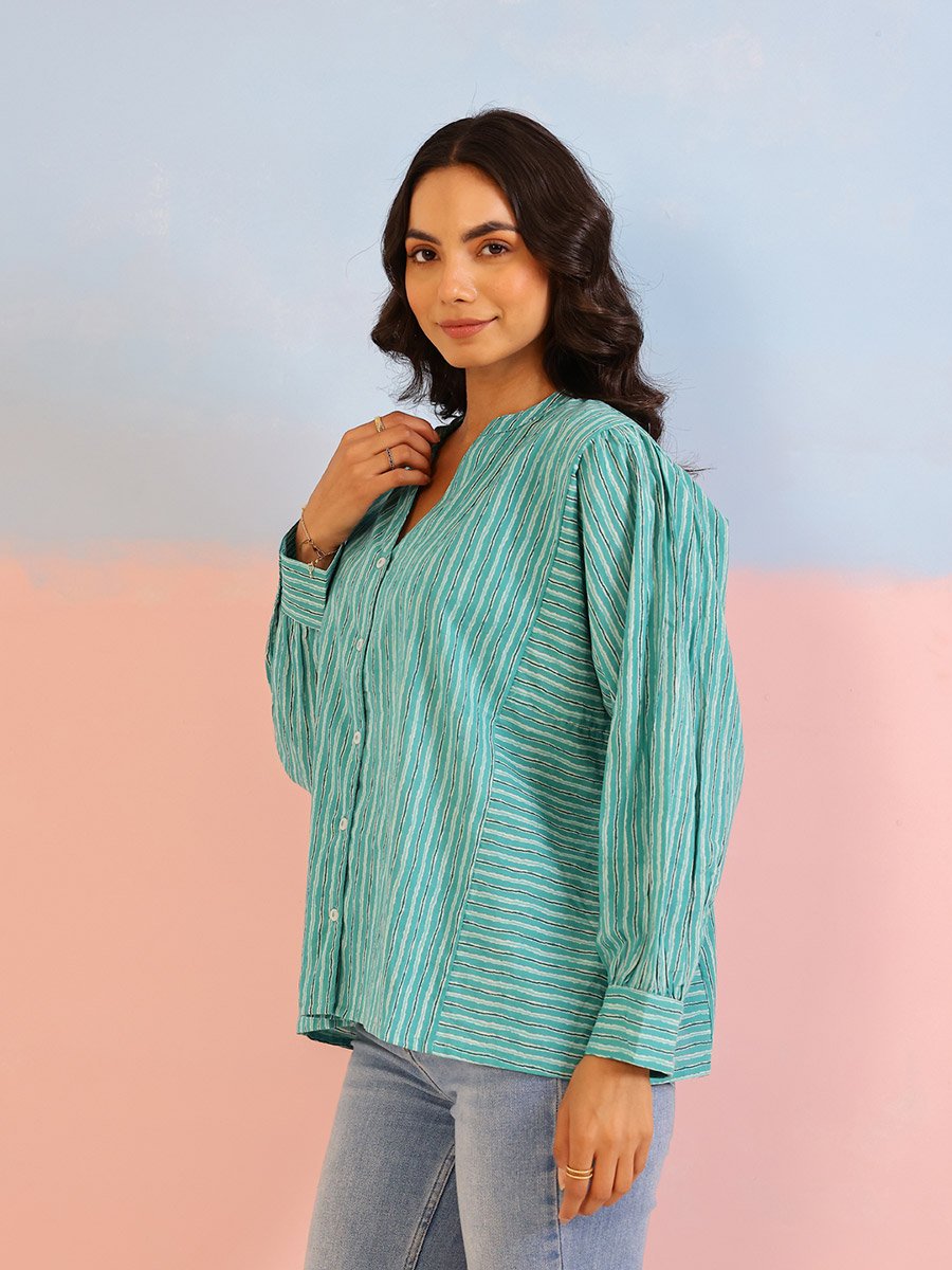 Women Striped Panelled Long Sleeve Cotton Shirt