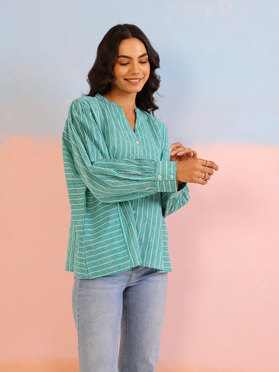 Women Striped Panelled Long Sleeve Cotton Shirt