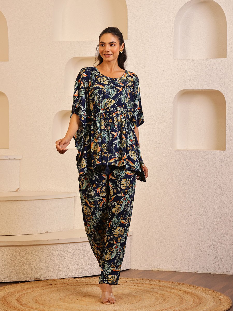 Women Navy Blue Floral Printed Round Neck Kaftan Top and Pyjama Set