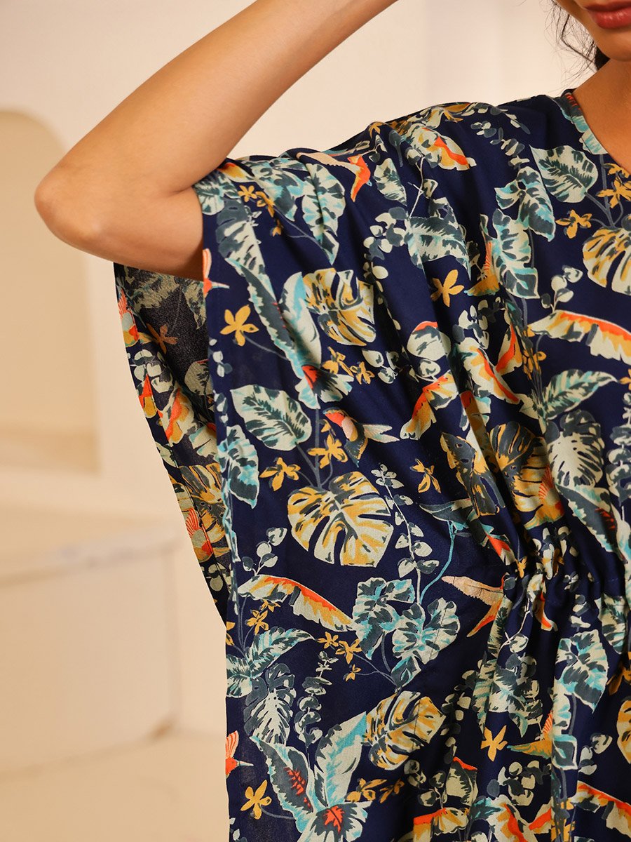 Women Navy Blue Floral Printed Round Neck Kaftan Top and Pyjama Set