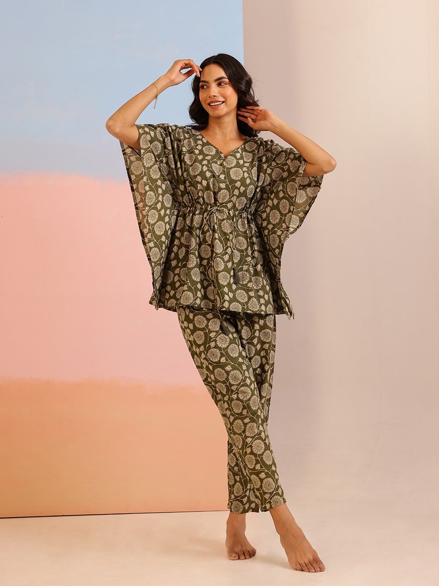 Women Pure Cotton Floral Printed Kimono Top and Pyjama Set
