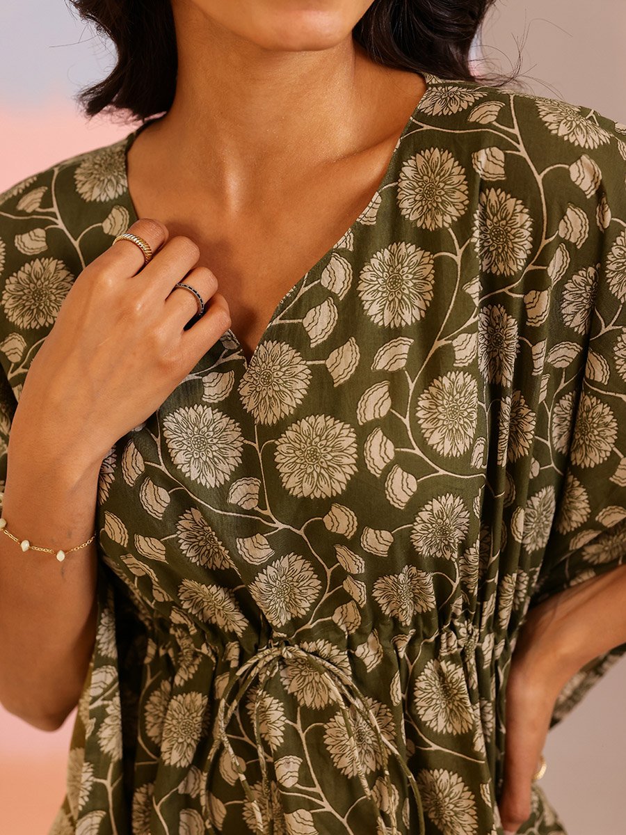 Women Pure Cotton Floral Printed Kimono Top and Pyjama Set