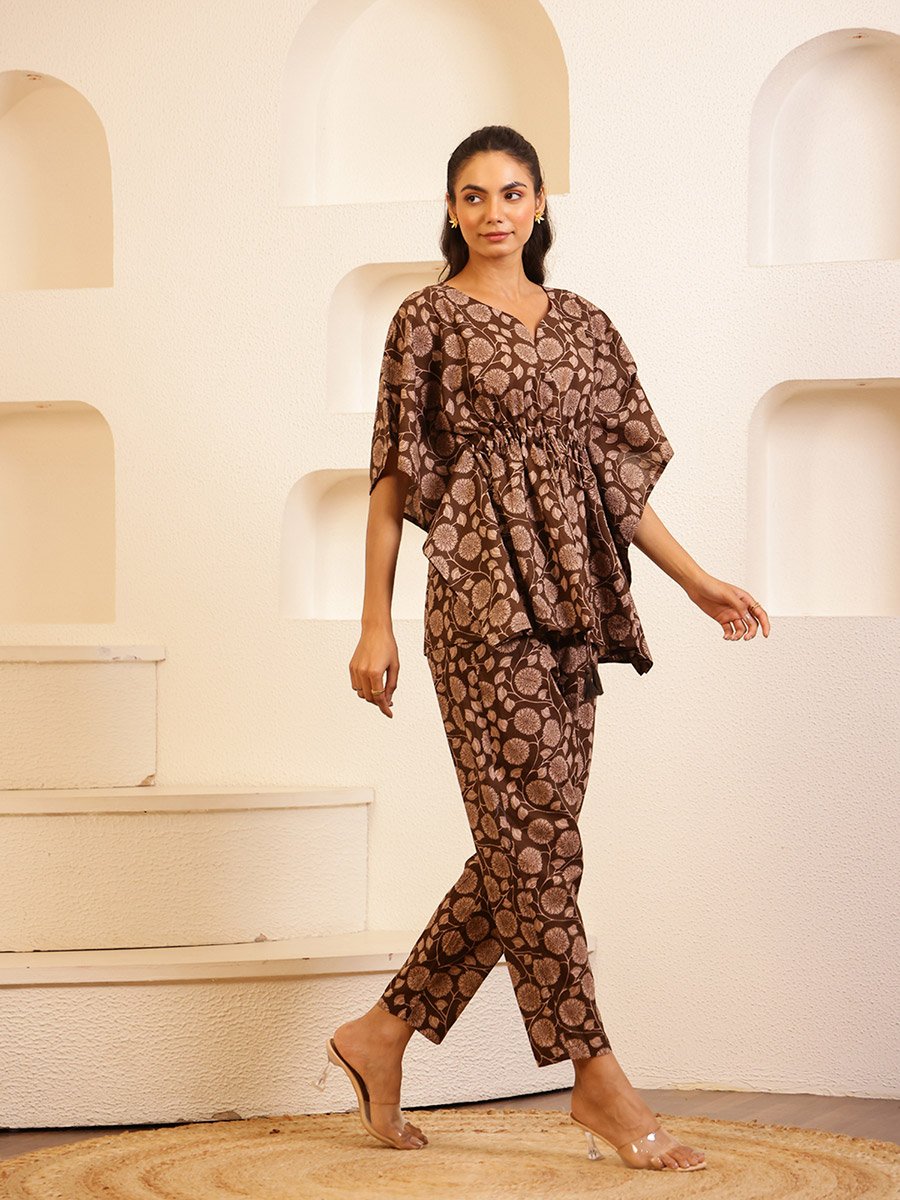 Women Pure Cotton Floral Printed Kimono Top and Pyjama Set