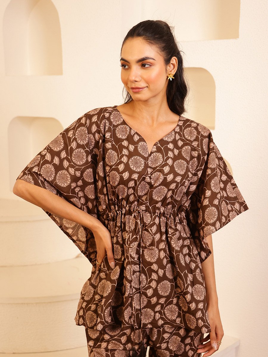 Women Pure Cotton Floral Printed Kimono Top and Pyjama Set