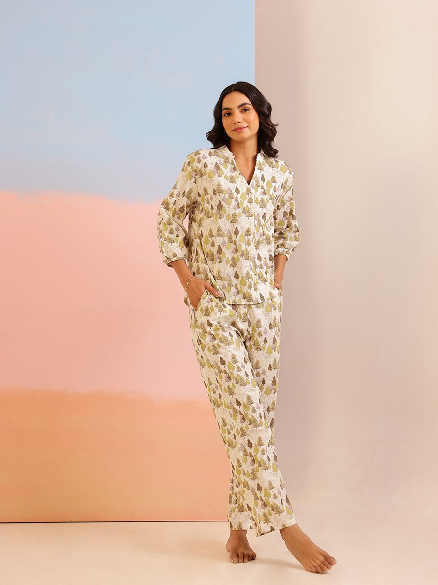 Women Floral Printed Collared Shirt and Pyjama Set