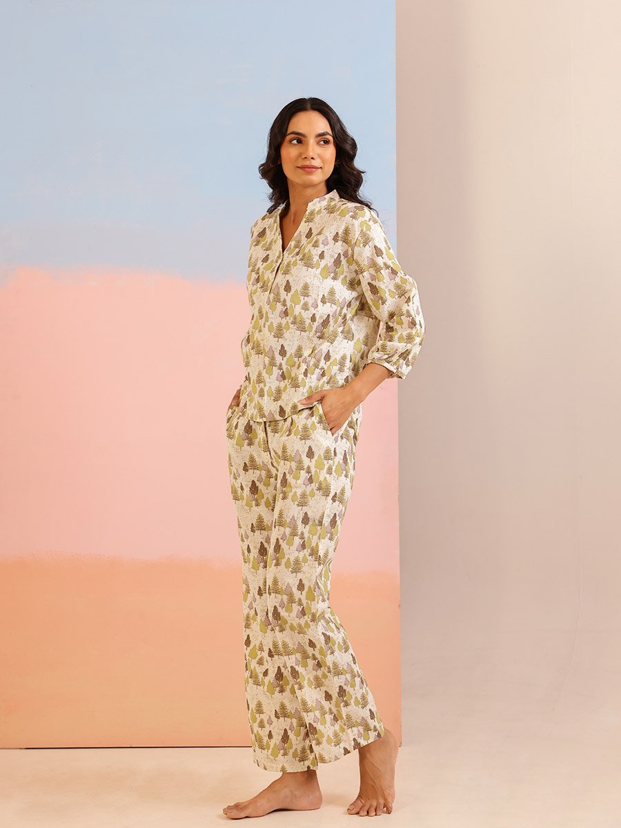 Women Floral Printed Collared Shirt and Pyjama Set