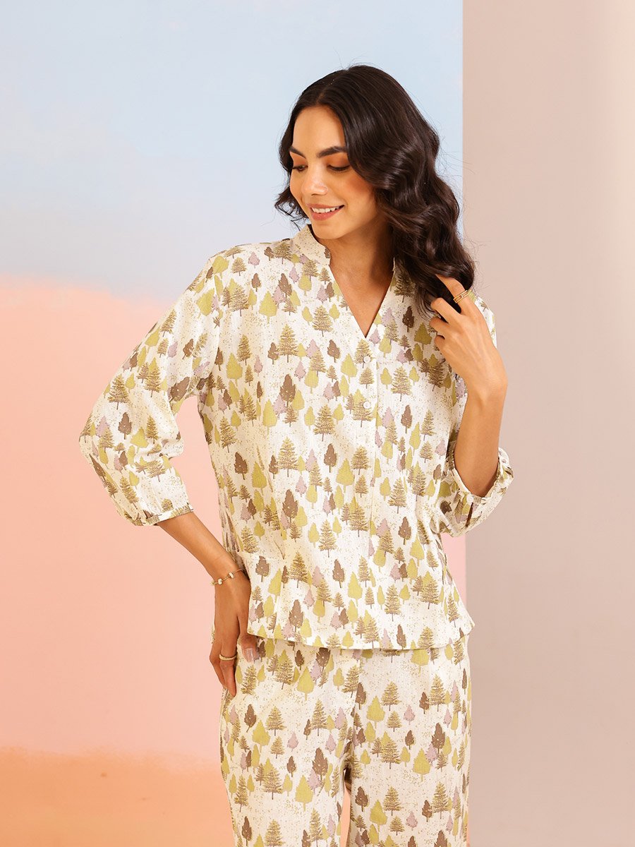 Women Floral Printed Collared Shirt and Pyjama Set