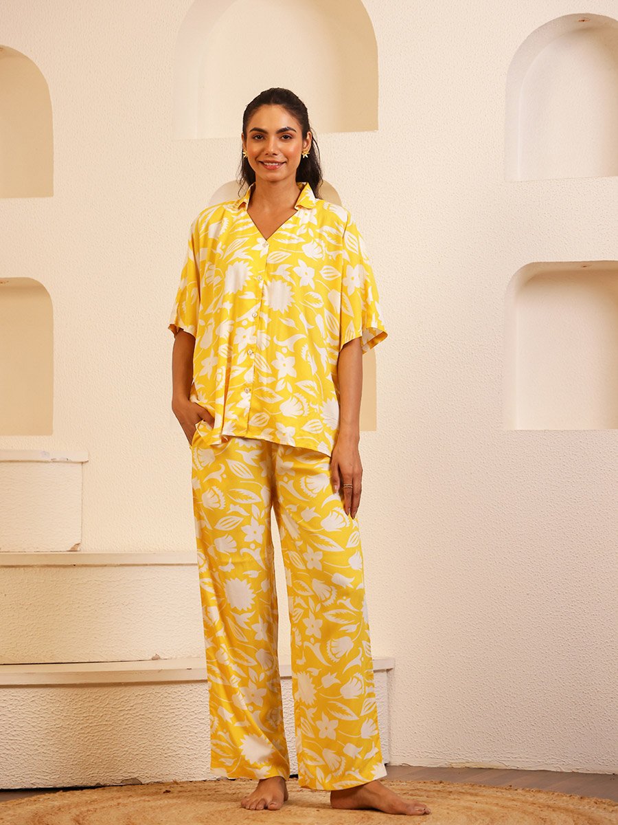 Women Yellow Floral Print Top and Pyjama Set
