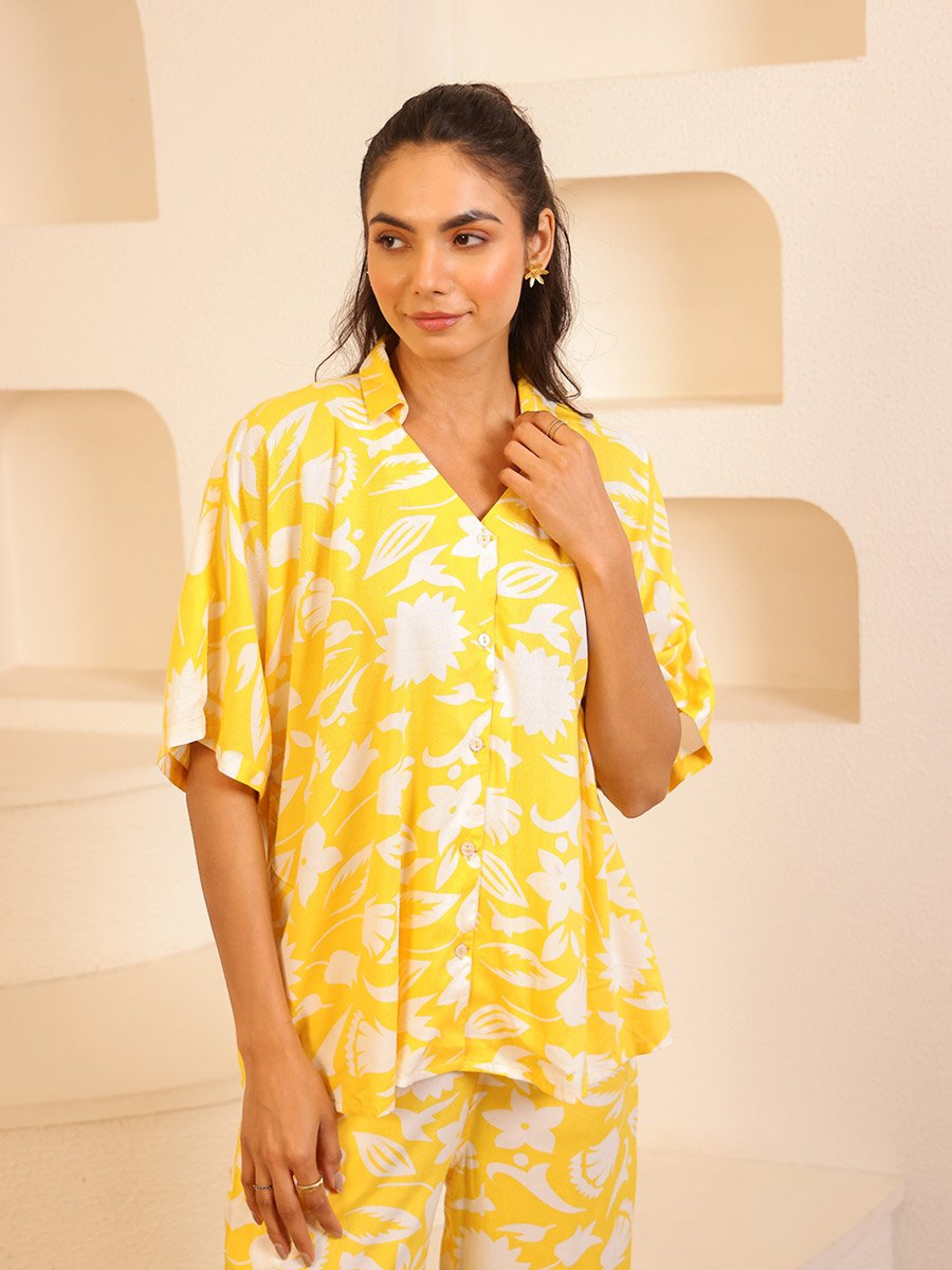 Women Yellow Floral Print Top and Pyjama Set